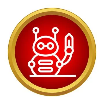 Robot assistant holding a pencil icon on red button Illustrazione stock