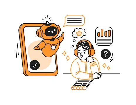 Robot Assistant Interacting with User Line Art Stock Illustration