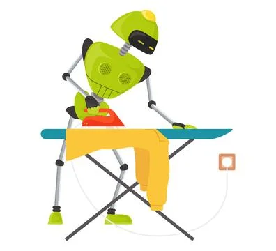 Robot assistant ironing clothes vector flat icon Stock Illustration