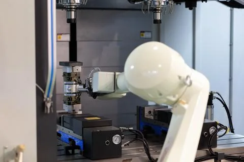Robot assistant loading parts into machine Stock Photos