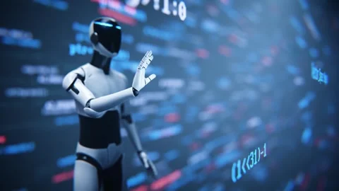 Robot assistant making hand gesture near digital code loop animation. Stock Footage 347198475