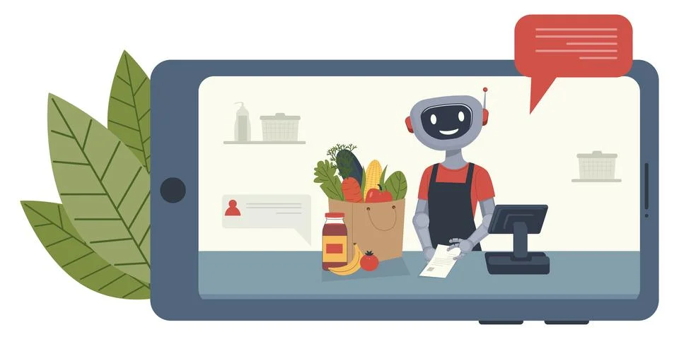Robot Assistant on Mobile Grocery App Stock Illustration