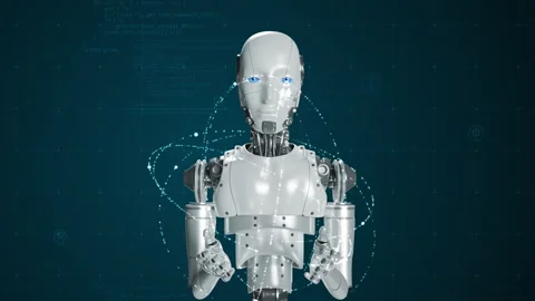 Robot assistant with particle ring circle orbit rotation on futuristic abstract Stock Footage 308799780