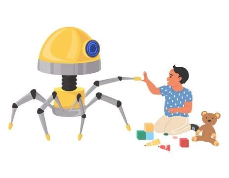 Robot assistant playing with child vector scene Stock Illustration