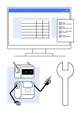 Robot Assistant Pointing at Checklist with Wrench Icon and Computer Screen .. 스톡 일러스트