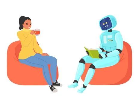 Robot assistant reading for woman vector scene Stock Illustration