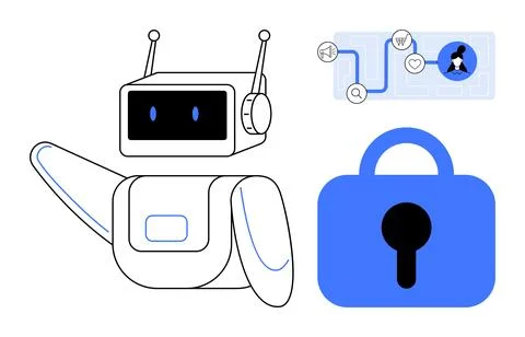 Robot Assistant with Security Lock and Digital Pathway Icons Ilustración de archivo
