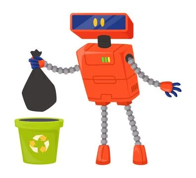 Robot assistant take trash out vector flat icon Stock Illustration