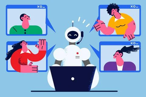 Robot assistant talk on webcam call with people Illustrazione stock