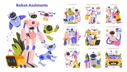 Robot Assistants. Flat Vector Illustration Stock Illustration