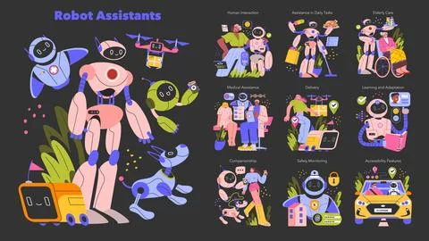 Robot Assistants. Flat Vector Illustration Stock Illustration