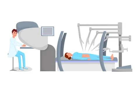 Robot assisted surgery flat vector illustration. Surgeon and patient under Stock Illustration