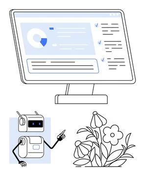 Robot Assisting Digital Task on Computer Screen with Flower Illustration Re.. Stock Illustration