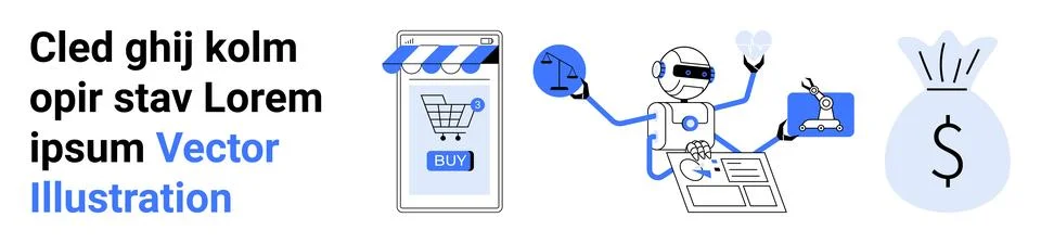 Robot assisting with e-commerce tasks beside a mobile shopping app and a mone Ilustración de archivo