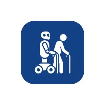 Robot assisting elderly person with walking cane icon for senior care medic.. Stock Illustration