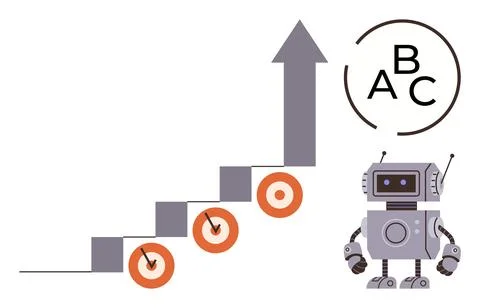 Robot Assisting Step-by-Step Goal Achievement with Rising Arrow and Target Illustrazione stock