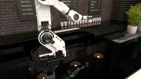 Robot barista making coffee, Robotic arm serving hot coffee Stock Footage 221533242