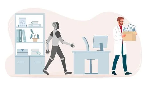 Robot being replaced by human in office setting, highlighting technology an.. Stock Illustration