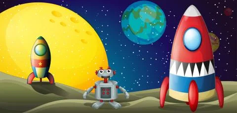 A robot between two spaceships at the outerspace Stock Illustration
