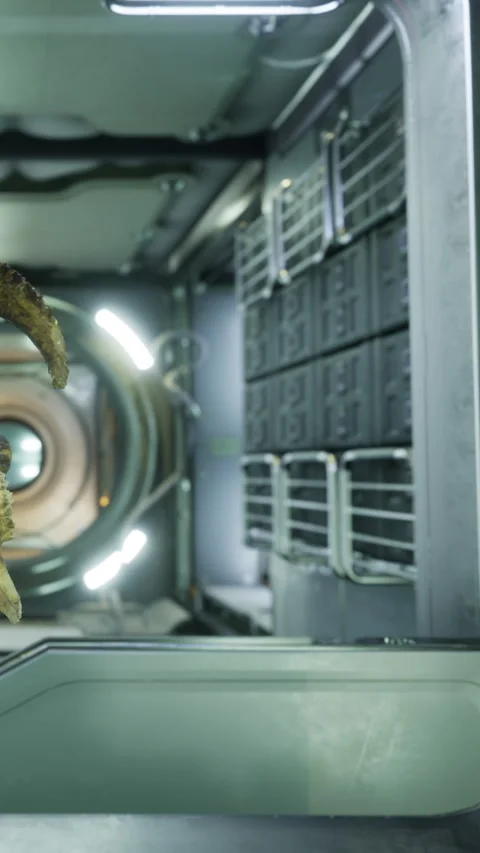Robot bird stands in a metallic corridor with bright light Stock Footage 336577812