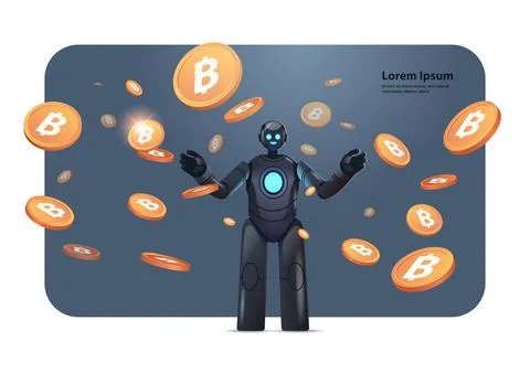 Robot with bitcoins crypto currency web money mining passive income earnings 스톡 일러스트