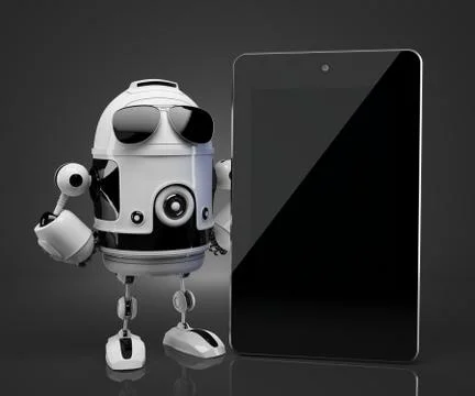 Robot with blank screen tablet computer. Contains clipping path of tablet scr イラスト素材