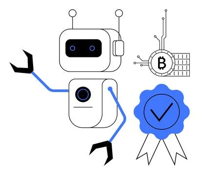 Robot with Blockchain Symbol and Certification Badge in Blue and Black Stock-Illustration