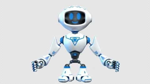 Robot with blue graphics turning its body to the left, looking up Stock Footage 346739259