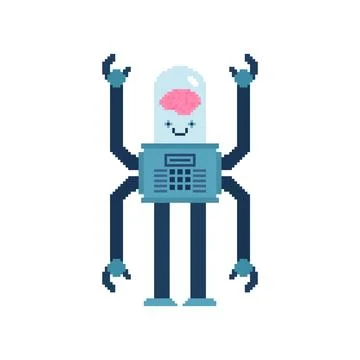 Robot with brain artificial intelligence Pixel art. 8 bit Retro cyborg and .. Stock Illustration