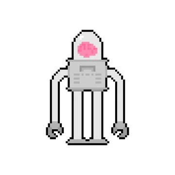 Robot with brain artificial intelligence Pixel art. 8 bit Retro cyborg and .. Stock Illustration