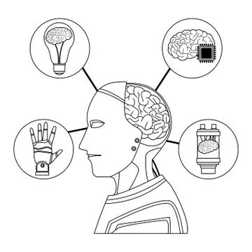 Robot with brain exposed black and white Stock Illustration