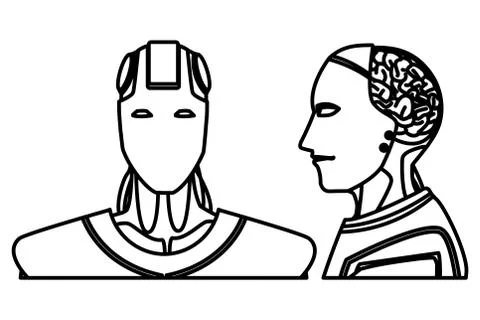 Robot with brain exposed black and white Stock Illustration