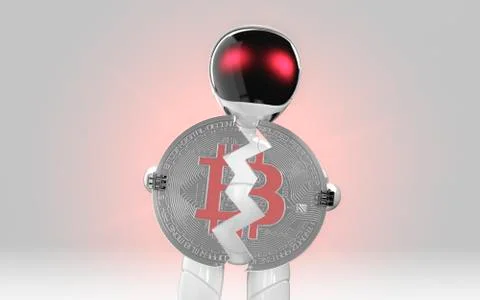 Robot breaking bitcoin close loss in value red 스톡 일러스트