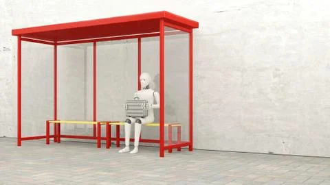 Robot with briefcase sitting at stop, 3D Rendering 스톡 일러스트