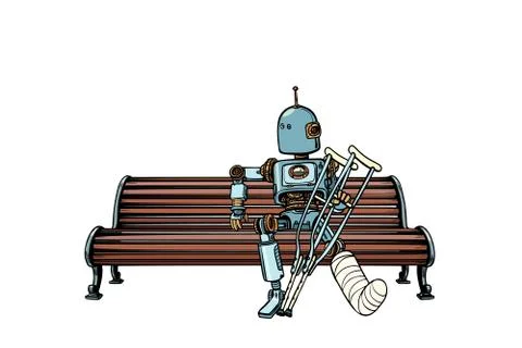 Robot with broken leg in plaster, rest in the Park Stock Illustration