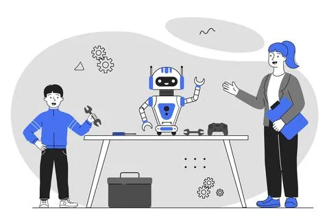 Robot building with teacher and student. Vector illustration Stock Illustration