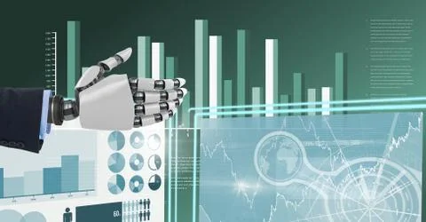 Robot business hand interacting with technology interface panels Illustrazione stock gratuita