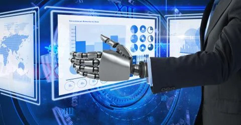 Robot business hand interacting with technology interface panels Illustrazione stock gratuita