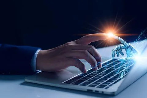 Robot of business technology on data network to adapt implement new policie.. Stock Photos