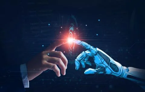 Robot of business technology on data network to adapt implement new policie.. Stock Photos