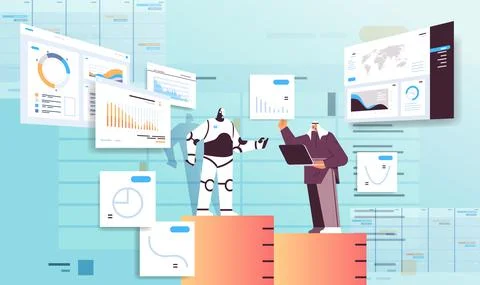 Robot with businessman analyzing statistics graphs financial data analyzing Stock Illustration