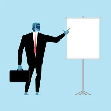 Robot Businessman making presentation Template. Cyborg and Clean Roll-up. off Stock Illustration