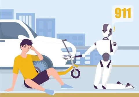 Robot calling to ambulance to help a man. Stock Illustration