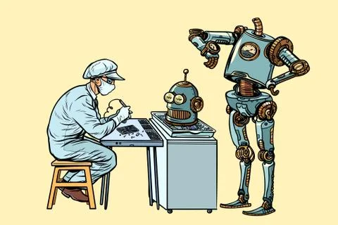 The robot came to repair the head. Electronics engineer speciali Illustrazione stock