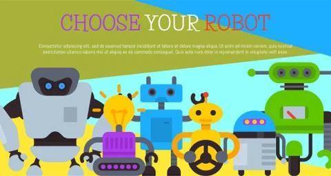 Robot with car wheel, robotic humanoids for kid party poster vector illustration 스톡 일러스트