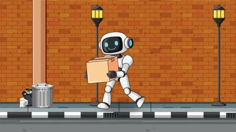 Robot Carrying Box Walks Past Trash Can on City Sidewalk Stock Footage 324935751