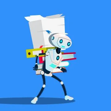 Robot Is Carrying Stack Of Office Folders Vector. Isolated Illustration Stock Illustration