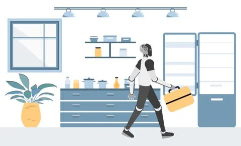 Robot carrying suitcase inside modern kitchen with open fridge, concept of .. Stock Illustration
