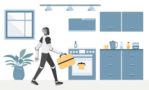 Robot carrying suitcase in modern kitchen with appliances and decor, concep.. Stock Illustration
