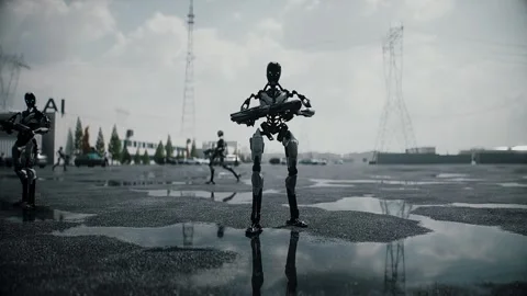 Robot carrying weapon,angry crowd protesting AI. data center, anti-AI concept. Video stock 336345863
